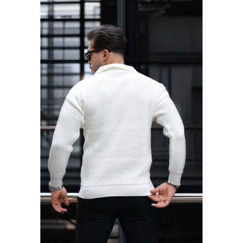 Oversize Gömlek Polo Yaka Selanik Örgülü Erkek Triko Kazak - Ekru