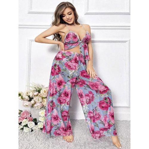 Özel Tasarım Büyük Beden Kırmızı Çiçek Desenli Bol Kesim 2'li Pijama Takımı