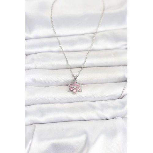 316L Çelik Zincir Gümüş Renk Pembe Zirkon Taşlı Lotus Model Kadın Kolye