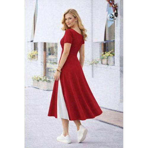 Kadın Kısa Kollu Asimetrik Yakalı Düğme Detaylı Midi Viskon Elbise