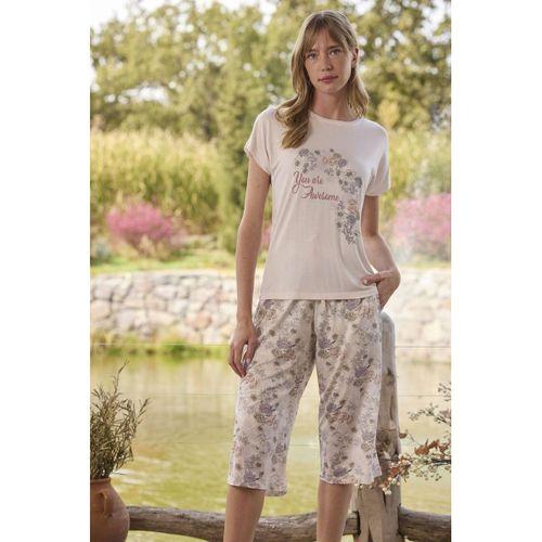 Çiçek Desenli Ve Baskılı "you Are Awesome" Kapri Takımı