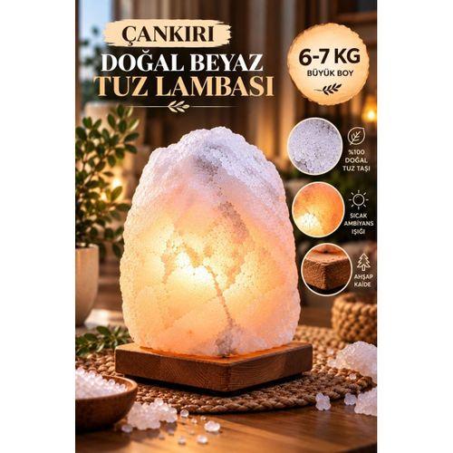 Çankırı 6-7 Kg Beyaz Doğal Kaya Tuzu Lambası Ahşap Kaideli Dekoratif Lamba