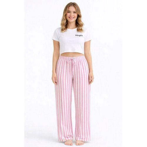 Viskon Pamuklu Kadın Pudra Pembe Çizgili Pijama Pantolon - MG004 - Mudanis