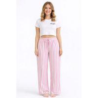 Viskon Pamuklu Kadın Pudra Pembe Çizgili Pijama Pantolon - MG004 - Mudanis