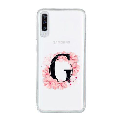 Samsung A70 Pembe Çiçek Desen G Harfli Şeffaf Kılıf