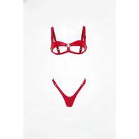 Kırmızı Harness Takım Parlak Deri Açık Kap Sütyen Tanga Set - Brf1382