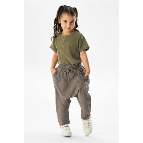Kısa Kol Batı Yazlık Müslin Kız Çocuk Tshirt Haki Hk