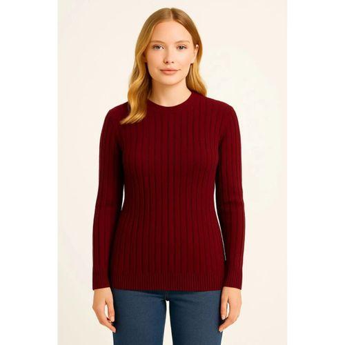 Bisiklet Yuvarlak Yaka Triko Kazak Pamuklu Kalın Fitilli Dokuma, Regular Fit Uzun Kollu Kışlık Model - Bordo