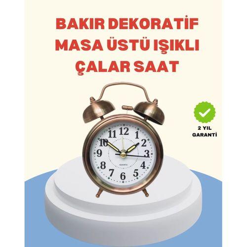 Metal Bronz Nostaljik Masa Saati Alarmlı Büyük Boy Sessiz Mekanizmalı