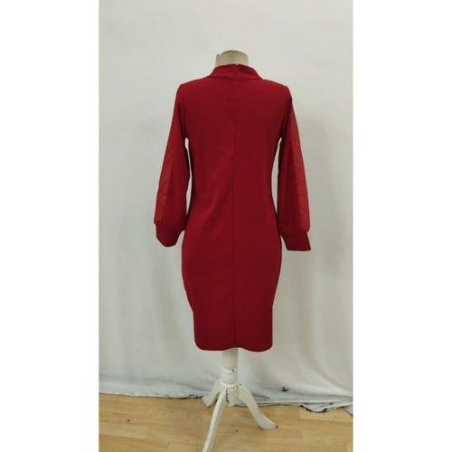 Kadın Uzun Kollu Yarı Balıkçı Yaka Tül Ve Inci Detaylı Kısa Ithal Krep Midi Elbise