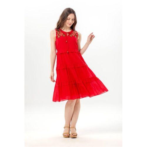 Kolsuz Mina Nakış Detaylı Bağcıklı Yaka Yazlık Vual Elbise Kırmızı Krmz
