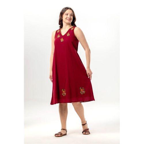 Kolsuz Efsane V Yaka Nakışlı Yazlık Şile Bezi Midi Boy Elbise Bordo Brd