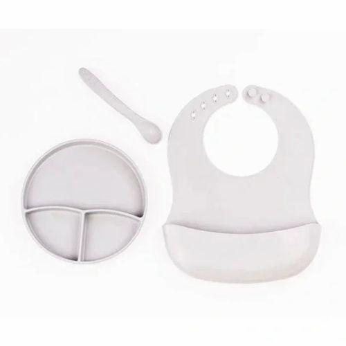 Gri 3’lü Silikon Yemek Seti – Önlük + Diş Kaşıyıcılı Kaşık + Vakumlu Tabak