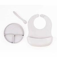 Gri 3’lü Silikon Yemek Seti – Önlük + Diş Kaşıyıcılı Kaşık + Vakumlu Tabak