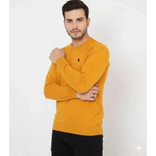 Erkek Bisiklet Yaka Nakış Işlemeli Triko Kazak Yumuşak Dokulu Pamuklu Ince Dokuma, Uzun Kollu Rahat Regular Kalıp - Turuncu