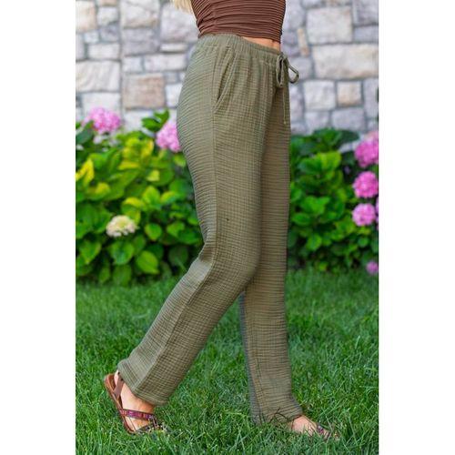 Beli Lastikli Multi Çift Cepli Müslin Kadın/Erkek Unisex Yazlık Pantolon Haki Hk
