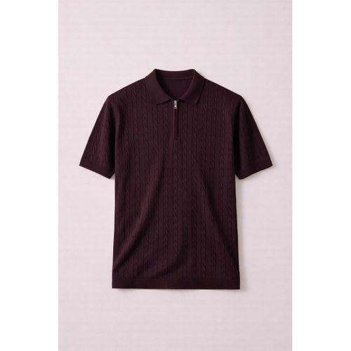 Burke Saç Örgü Yarım Fermuarlı Kısa Kollu İnce Triko Erkek T-Shirt - Bordo