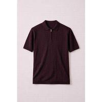 Burke Saç Örgü Yarım Fermuarlı Kısa Kollu İnce Triko Erkek T-Shirt - Bordo