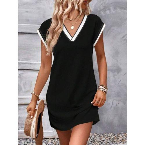 Kadın Kısa Kollu V Yakalı Ribanalı Modal Mini Elbise