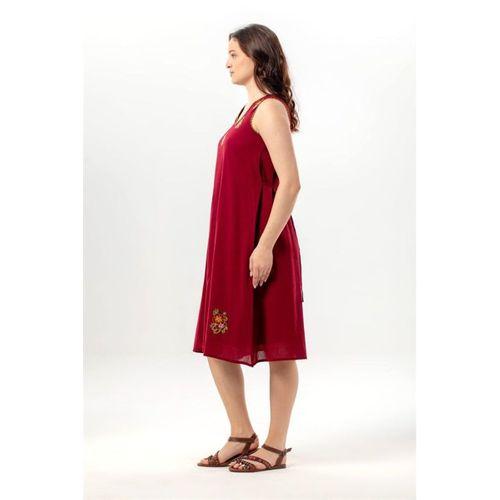 Kolsuz Efsane V Yaka Nakışlı Yazlık Şile Bezi Midi Boy Elbise Bordo Brd