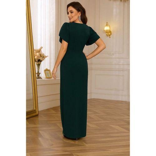 Kadın Kısa Kollu Kruvaze Yakalı Belden çiçek Aksesuarlı Yırtmaçlı Ithal Krep Elbise