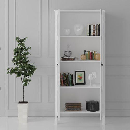 Venezia Cam Kapaklı  Ahşap Ayaklı Çok Amaçlı Dolap, Vitrin, Erzak Dolabı - Minifiks - Wood Beyaz