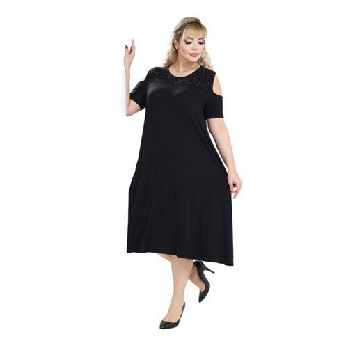 Melsay Butik Siyah Taş Baskılı Omuzu Açık Midi Elbise