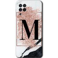 MRCİLETİSİM MRCİLETİSİM Samsung Galaxy M22 Kılıf HD Desen Baskılı Arka Kapak + Temperli Cam - Pembe Mermer Desenli M Harfi