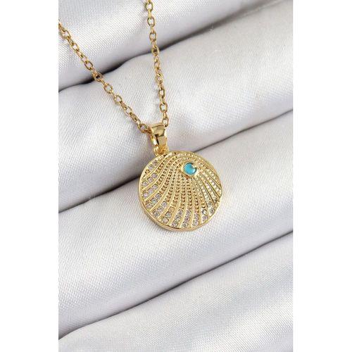 316L Çelik Zirkon Taşlı Madalyon Model Gold Renk Kadın Kolye