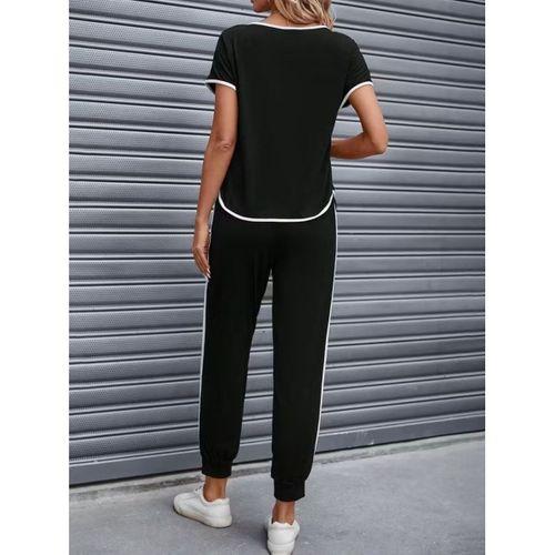 Kadın Kısa Kollu Yuvarlak Yakalı şerit Detaylı Viskon Iki Iplik Bluz Ve Pantolon Ikili Takım