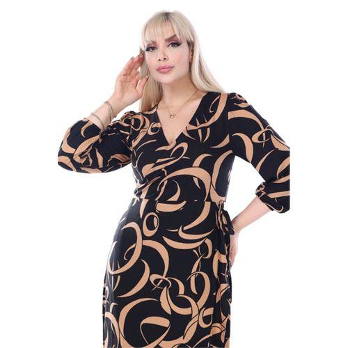 Melsay Butik Kruvaze Yaka Taba Dalga Desen Anvelop Midi Elbise