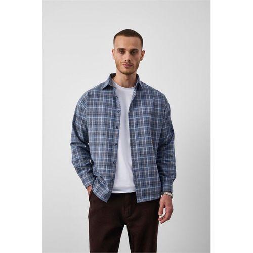 Carol Relaxed Fit Pamuklu Çizgili Flanel Erkek Gömlek - Mavi