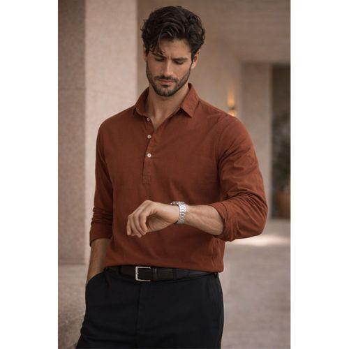 Yarım Pat Yakalı York Pamuk Kumaşlı Uzun Kollu Erkek Gömlek - Koyu Kahve