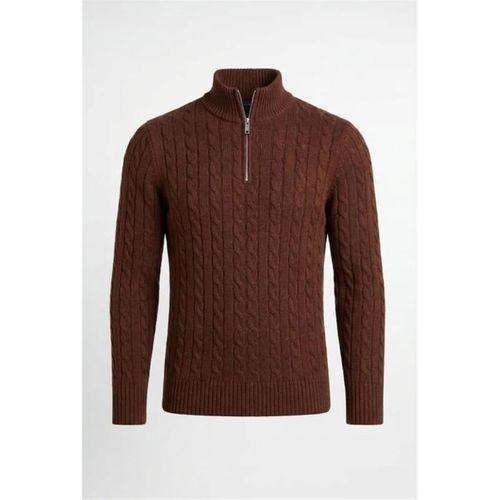 Bardem Saç Örgülü Yarım Fermuar Erkek Triko Kazak - Kahve