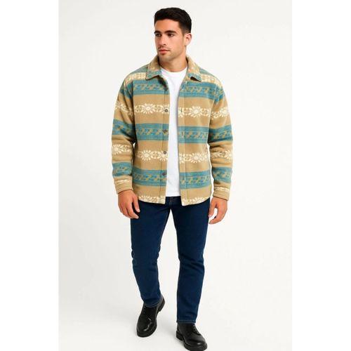 Erkek Desenli Polar Gömlek – Etnik Şerit Desen Yakalı, Uzun Kollu, Düğmeli, Oversize Rahat Kalıp - Sarı