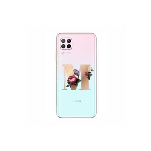 P40 Lite Şeffaf Kılıf Gold Renkli Çiçekli M Harfli Desenli