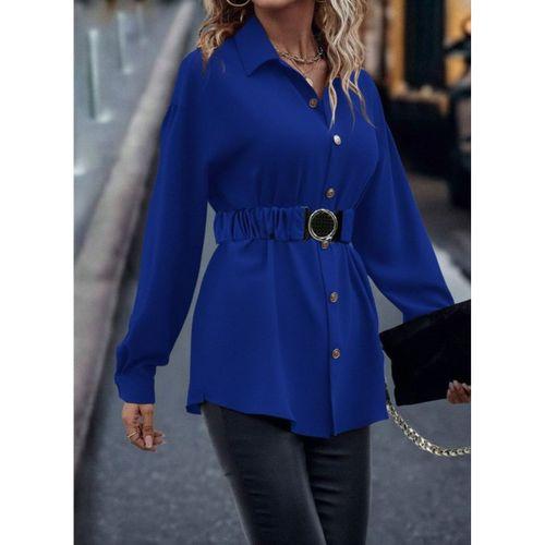 Kadın Uzun Kollu Yakalı önden Düğmeli Belden Kemerli Ithal Krep Bluz
