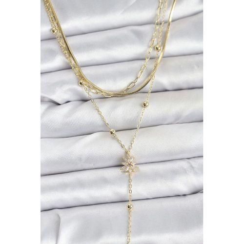 Pirinç Gold Renk Kutup Yıldızı Model Detaylı 3'lü Kombin Y Kadın Kolye