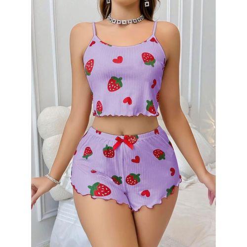 Pamuklu Lila Üstüne Çilek Desen Fitilli Askılı Şortlu Pijama Takımı