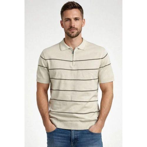 Erkek T-shirt Çizgili Triko Dokuma Kumaş Polo Yaka Yarım Fermuarlı Regular Kalıp Tişört - Bej