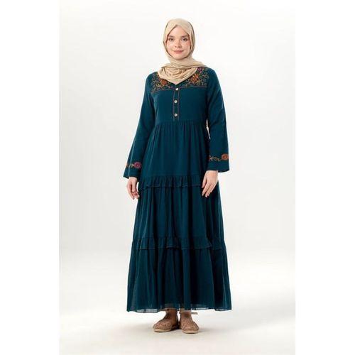 Uzun Kol Zeynep Bisiklet Yaka Nakışlı Uzun Vual Elbise Petrol Ptrl