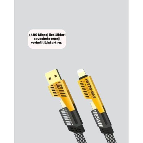 Hızlı Şarj Destekli 65w Örgülü Usb-c Ve Usb-a Çoklu Şarj Kablosu