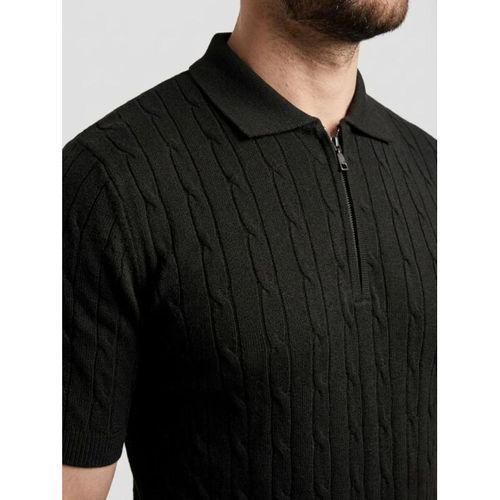 Erkek Yazlık Triko Saç Örgü Tişört Kısa Kol Polo Yaka Fermuarlı T-Shirt - Siyah