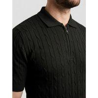 Erkek Yazlık Triko Saç Örgü Tişört Kısa Kol Polo Yaka Fermuarlı T-Shirt - Siyah