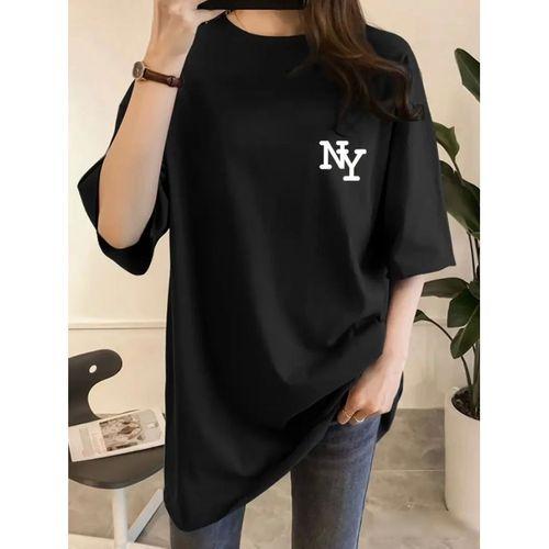 Baskılı Oversize Bisiklet Yaka T-shirt - Siyah