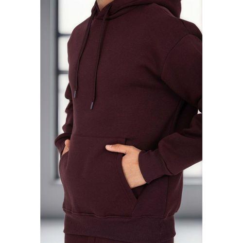 Şardonlu Kanguru Cepli Sweatshirt - 3 İplik Şardonlu Lastik Paça Erkek Eşofman Altı- Eşofman Takımı - Bordo