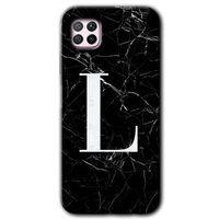 MRCİLETİSİM Huawei P40 Lite Kılıf Kapak - Siyah Mermer Desenli L Harfi +Hayalet Ekran Yandan Gözükmez
