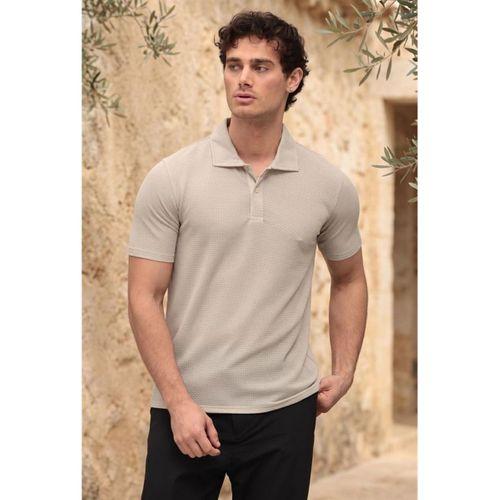 Evenor Kabartma Desenli Polo Yaka Düğmeli Relaxed Fit Yumuşak İnce Erkek T-Shirt - Taş