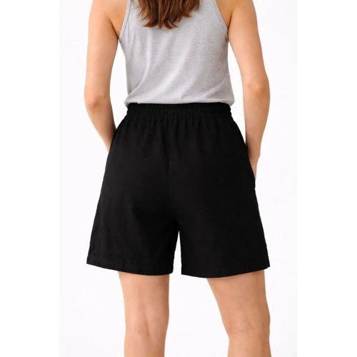 Keten Kumaş Cepli Rahat Kesim Bel Lastikli Şort - Siyah