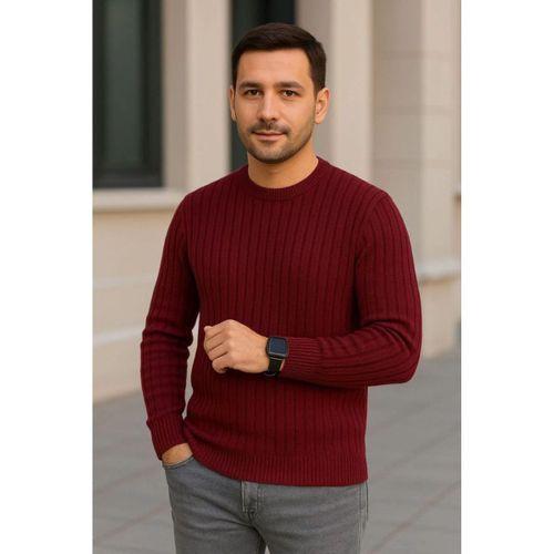 Erkek Bisiklet Yuvarlak Yaka Triko Kazak Pamuklu Kalın Fitilli Dokuma, Regular Fit Uzun Kollu Kışlık Model - Bordo